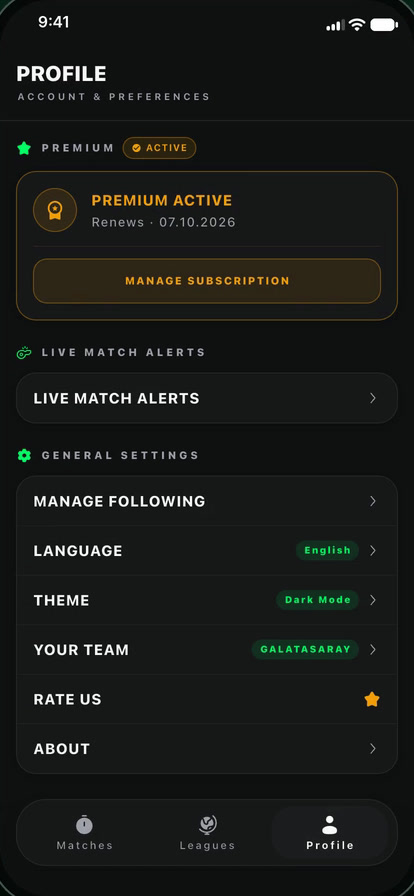 FutbolHub — Dark mode