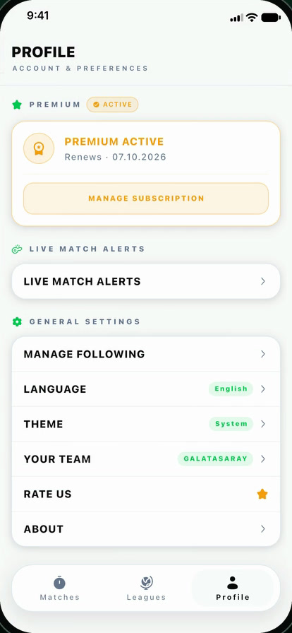 FutbolHub — Profile and alerts settings